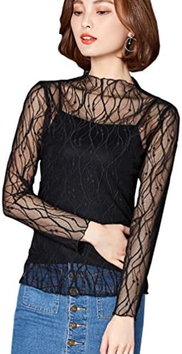 Waboats Ladies Long Sleeve Sheer See Through Blouse Black Lace Thin Tops Transparent T-Shirt