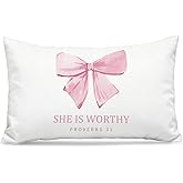 NEFMGEG Pink Bow Christian Pillow Covers 12x20, Coquette Room Decor, Proverbs 31 Bible Verse Decorative Throw Pillow Covers Pillowcases for Girls Dorm Apartment Church