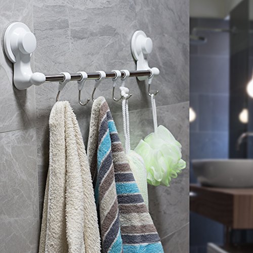 Suction Cup Shower Towel Bar Hooks Holder Rack Hanger for Windows Wreaths Bathroom Kitchen with 6 hooks