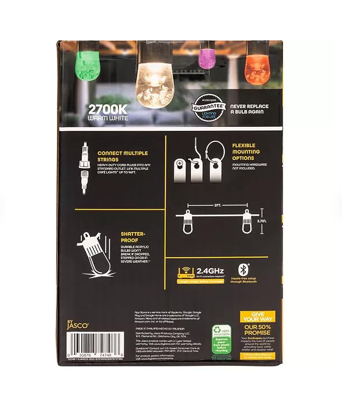 Photo 1 of **It's used, so it's unknown if it's missing parts and therefore not 100% functional****Eco Scapes Cafe Lights Classic Color Changing String Lights, 24ft Black Cord, 12 Bulbs Shatterproof Acrylic Bulbs, Weatherproof, Wi-Fi Dimmable RGB LED, Outdoor String