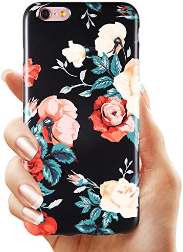 KINFUTON iPhone 6 6s Plus Case Floral Roses on Black Case for Women/Girls, Clear Bumper Soft Silicon Rubber Matte TPU Protective Phone Case Cover for iPhone 6 6s Plus [5.5"]
