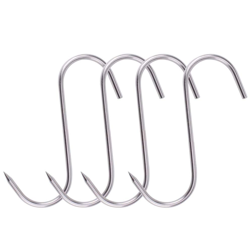 Grizef 6 Inch S-Hook Meat Hooks Heavy Duty Stainless Steel Meat Processing Butcher Hook Hanging Drying BBQ Grill Cooking Metal Meat Hooks for Butcher, Farmer, Hunter（4 Pack-4MM） (6 inch)
