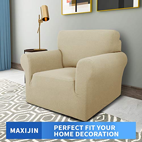 MAXIJIN Creative Jacquard Chair Cover for Living Room, Super Elastic Non-Slip Chair Cover with Arms, Pet Friendly, Elastic 1 Piece Armchair Protector (1 Seater, Light Beige)