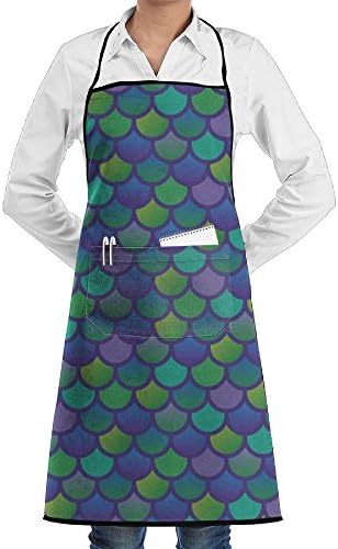 Lasatma Mermaid Green Fish Scale Aprons Kitchen Chef Bib Aprons Gift Apron Professional For Grill,BBQ,Baking,Cooking For Men Women,with Front Pockets,Black