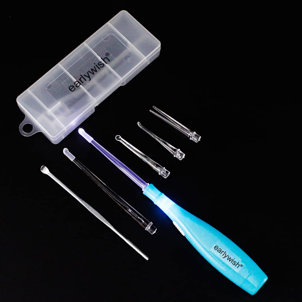 Earlywish Upgraded 6.75" Long Lighted Tonsillolith Pick Tonsil Stone Remover Tool with 5 Tips, Blue Handle with LED Light