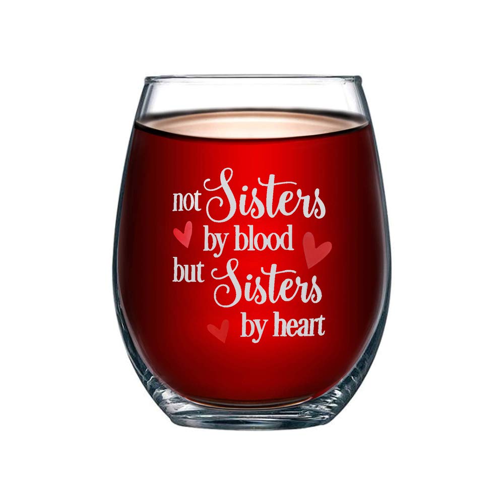 BigNoseDeer Best Friend Wine Glasses Stemless Crystal Wine Glass Not Sisters by blood but Sisters by Heart Birthday Gifts for Women Friendship Best Friend (Sisters by Heart 14oz)