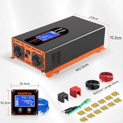 SolaYnc 3000W/6000W 24V 220V/230V Pure Sine Inverter DC AC Sine Wave Inverter, with LCD Display, Remote Control, 2 EU AC Sockets, Type-C 30W Interface and USB Port, for Cars, Boats, Trucks
