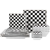 Porlien Checker Porcelain Square Dinnerware Set for 4, Dishes Set for 4 with 3.3-inch Dipping Saucers, Black and White Plates and Bowls Set