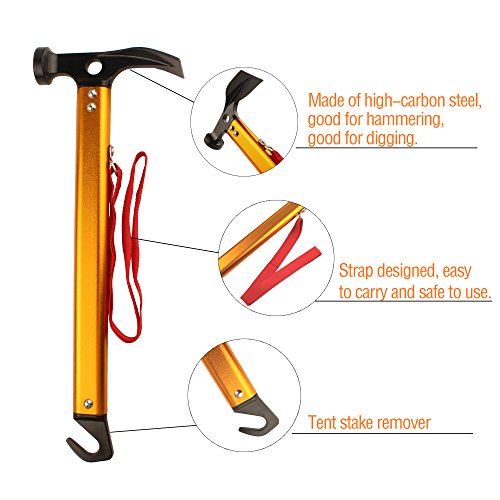 Yoport Aluminum Tent Hammer with Tent Stake Remover, Lightweight & Portable for Outdoor Camping Hammer Tent Nail Hammer or Stake Puller(Gold)