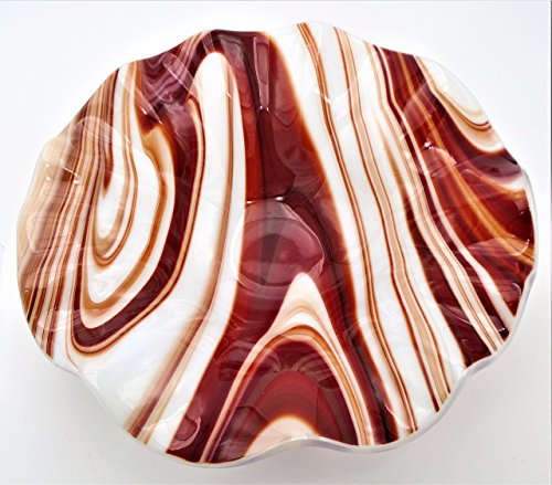 Decorative Bowl of Red and White with a Ruffled Rim Handcrafted Fused Glass