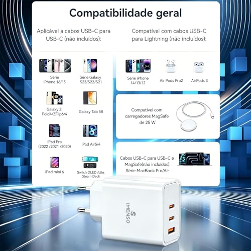 Carregador Universal 65W, 2 Saídas USB-C + USB-A, Carregador Rápido com Cabo, PPS 3.0, Voçagador para Notebook, Celular, Tablet, iPhone, Samsung, Xiaomi, Motorola – 100-240V, IMS-268PC