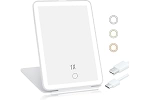 Koolstuffs Travel Mirror for Makeup, Rechargeable Light up Mirror with 72 LED Lights and 1000mAh Batteries, 3 Colors Light Modes USB Portable Desktop Mirror with Dimmable Touch Screen for Gift (White)