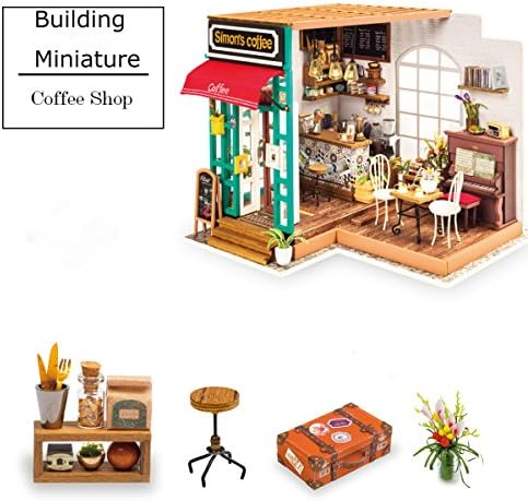 QLCRAFT Wooden Dollhouse Miniature - DIY Coffee Shop Toy Furniture Included - Wooden Kit to Build - Christmas Birthday Gift for Daughter or Girlfriend