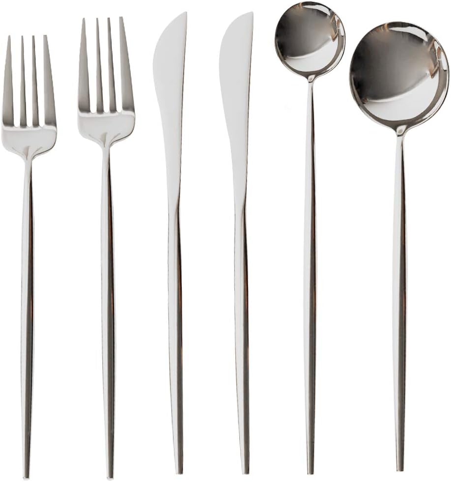 Tenghebao 6 Flatware Cutlery Set, Stainless Steel Utensils Service, Including Fork Spoons Knife Tableware Set 18/10 Portable, Dishwasher Safe (Original Silver)
