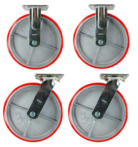 10" Red Polyurethane on Cast Iron Casters No Mark Non Skid - Rigid & Swivel (10"x2": 2R + 2S)