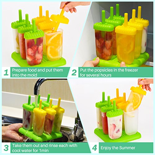 Omorc Popsicle Molds Set - BPA Free & FDA Certified & Food Safe - 6 Pack Reusable Ice Pop Molds Makers Drip-Guard Handle Easy-Release Ice Cube Tray Molds with Folding Funnel and Cleaning Brush