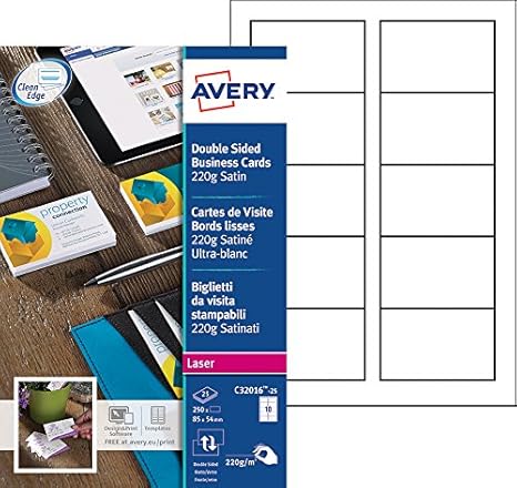 Avery Pochette De 250 Cartes De Visite à Bords Lisses Imprimables Rectoverso En Carte Blanche Satinée 220gm² Format 85 X 54 Mm Impression