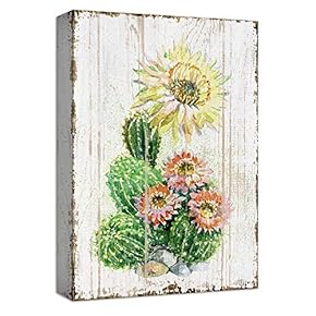 Canvas Wall Art Green Cactus Yellow Red Flowers Painting Artwork for Home Prints Framed - 12x18 inches