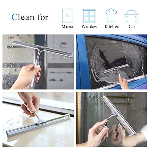 LUXEAR Shower Squeegee Chrome Plated Stainless Steel Squeegees with Hooks Holder 1 Replacement Silicone Blade All-Purpose Squeegee for Shower Doors Bathroom Window and Car Glass 10-Inch