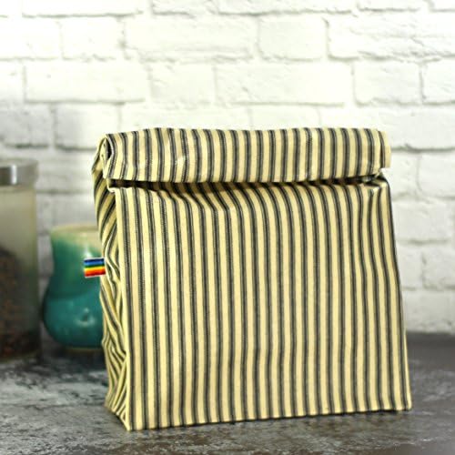 Lunch Bag Waxed Canvas Grey Ticking Fabric