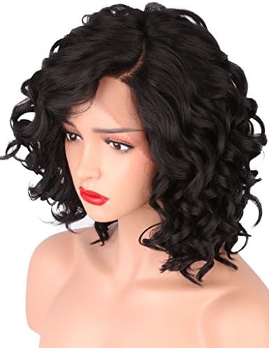 Lace Front Wigs for Black Women Short Body Wave Curly Synthetic L Part Black Color Natural Straight Wigs