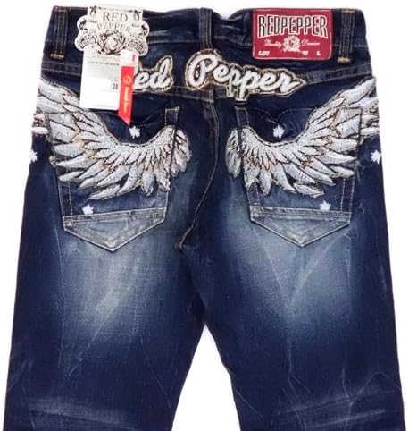 Amazon レッドペッパージーンズ Redpepperjeans 正規品 53 7 ウイング 羽 ウィング バック刺繍ストレートデニムパンツ メンズ Red Pepper Jeans デニムパンツ ジーパン ブランドジーンズ 男性 紳士服 ジーンズ 通販