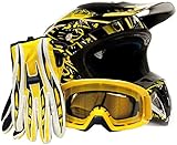 Adult Offroad Helmet Goggles Gloves Gear Combo Yellow Splatter (Medium)