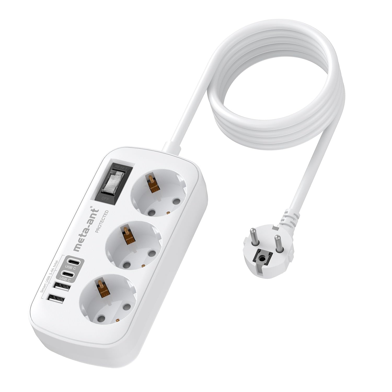 Steckdosenleiste mit USB 3.4A 17W, 3 Fach steckdosenleiste mit überspannungsschutz 4000W, Socket with 4 USB (2 USB-C), 1.5m, Steckdosenleiste Wandmontage für Heim Büro, Weiß