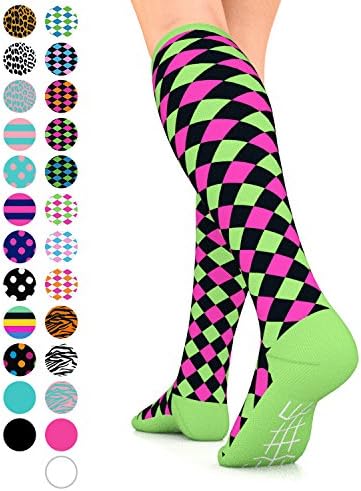 Go2 Fashion Compression Socks for Men &amp; Women 15-20 mmHg Athletic Running Socks for Nurses Travel Medical Graduated Nursing Compression Stocking Sport Sock (Harl Black Pink Green, Small)
