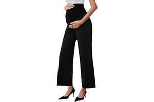 Ecavus Women's Maternity Pants Over Belly Seamless Stretchy Work Pants Dual Length Maternity Wide Leg Pants with Pockets