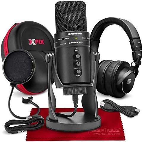 Samson G-Track Pro Professional USB Condenser Microphone w/Audio Interface Bundled with PreSonus HD9 Pro Headphones, Mic Pop Filter, Headphones Case, and Accessories