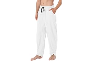 perdontoo Men's Linen Cotton Loose Fit Casual Lightweight Elastic Waist Summer Beach Pants