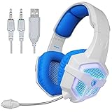 Sades SA806 Stereo Gaming Headset USB 3.5mm Blue Led Lighting PC PS4 Headphones with Microphone for [New Xbox One] Laptop Mac(White-Blue)