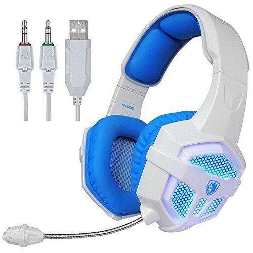 Sades SA806 Stereo Gaming Headset USB 3.5mm Blue Led Lighting PC PS4 Headphones with Microphone for [New Xbox One] Laptop Mac(White-Blue)