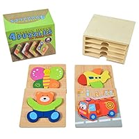 Joyous Trees - 4 Wooden Jigsaw Puzzles and Wood Puzzle Rack Set - Educational and Developmental Learning Toy - Shapes and Colors - Best Toys and Gifts for 1 2 3 Year-Old Kids! (Baby/Toddler/Girl/boy)