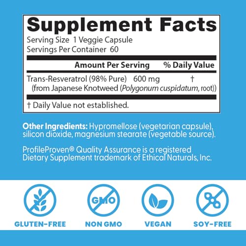 DOCTOR’S BEST TRANS- RESVERATROL 600, 98% PURE TRANS-RESVERATRO, NON-GMO, GLUTEN FREE, SOY FREE, VEGAN 60 VEGGIE CAPS