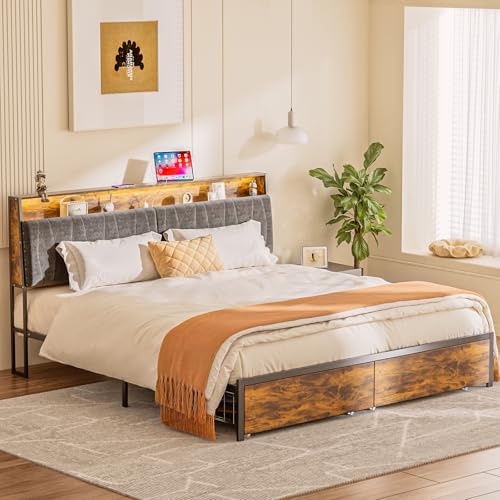 COMHOMA Bed Frame King Size, Modern Platform Bed Frames with Storage Bookcase H…