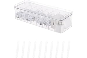 Yesesion Clear Plastic Cable Organizer Box with Adjustment Compartments, Desk Accessories Storage Case with Lid and 10 Wire Ties for Drawer, Office, Art Supply, Electronic Management