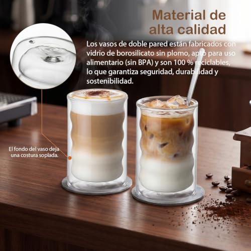 Juego de 4 Tazas de Café de Cristal 350ml – Vasos de Doble Pared de Vidrio Borosilicato con 4 Cucharillas y 4 Posavasos – Ideales para Café con Leche, Té, Latte, Macchiato y Espresso – Regalo para Pad