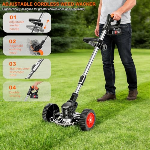 21V Cordless Weed Wacker with Wheels, 3-in-1 String Trimmer, Lawn Edger & Brush Cutter for Thick Weeds, 2 Batteries, 4 Types Blades, Adjustable Height, 90° Pivot Head, Lightweight Yard Tool