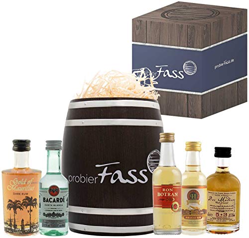 probierFass Rum Geschenk | 5 beliebte Rums (5 x 0.05 l) in einem originellen Fass mit Geschenkverpackung | Rum Tasting