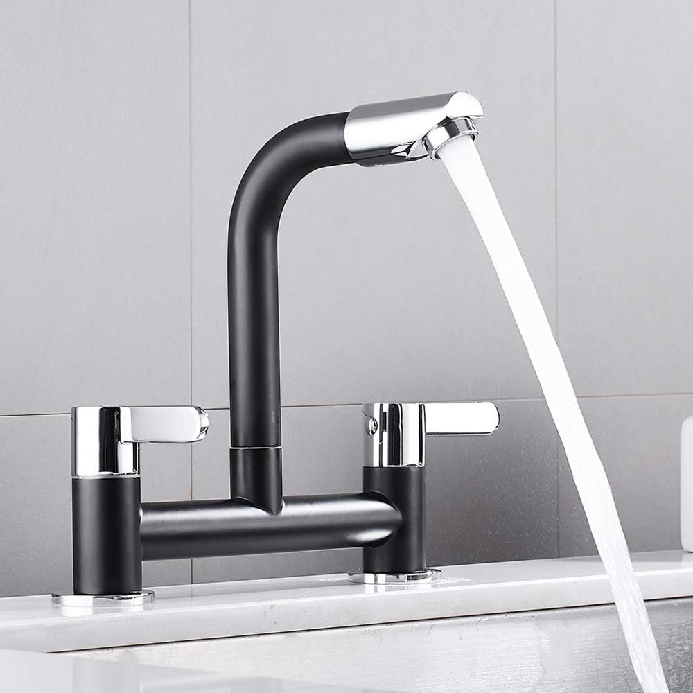 Ghopy Dual Lever Kitchen taps Mixers 2 Hole Deck Mounted Cold and Hot Mixer Tap Modern 360° Swivel Spout Brass Basin Black Faucet with UK Standard Fittings (Black) - Image 3