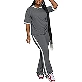 PINSV 2 Piece Sets for Women Summer Casual Short Sleeve Top and Flare Pants Lounge Sets