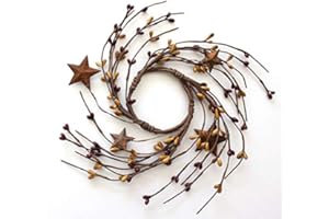 Evron International 2.5" Primitive Berries Candle Ring with Rusty Stars in Burgundy and Mustard Color Seasonal Decor N208