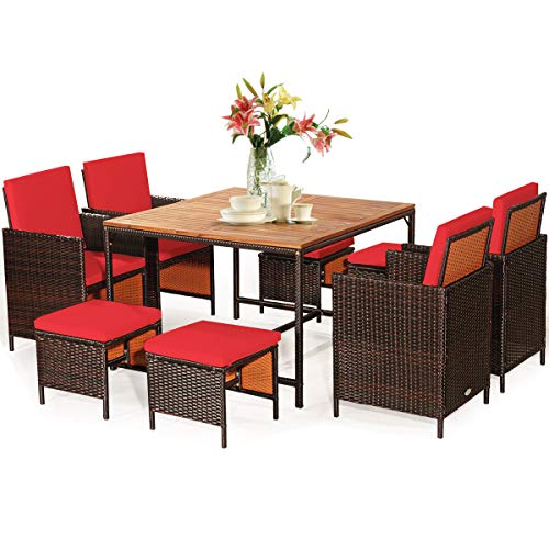 Tangkula 9 Pieces Acacia Wood Patio Dining Set, Space Saving Wicker