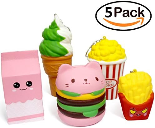 Slow Rising Stress Reliever Toys Set - 5pcs Ice Cream Pop Corn Milk Box Hamburger and Fries for Jumbo Stress Relief Decoration Charms