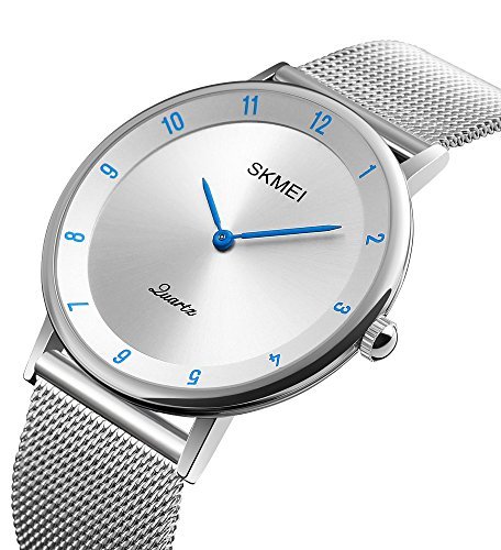Men's Simple Classic Analog Quartz Waterproof Wrist Watches Silver Stainless Steel Ultra thin Case Watch (blue)