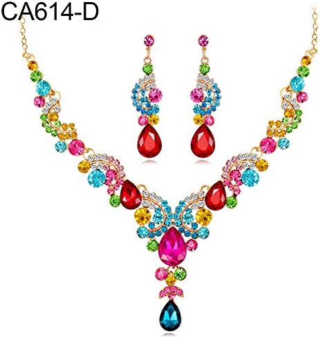 Rocl NecklaceWomen Jewelry Set Elegant Rhinestone Teardrop Pendant Wedding Necklace Earrings - Colorful