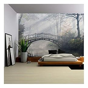 Old Bridge in Misty Autumn Park - Removable Wall Mural | Self-Adhesive Large Wallpaper - 66x96 inches
