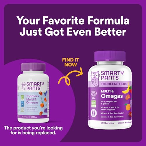 SMARTYPANTS TODDLER MULTIVITAMIN GUMMIES: OMEGA 3 FISH OIL (EPA/DHA), VITAMIN D3, C, VITAMIN B12, B6, A, K & ZINC, BIOTIN, BETA CAROTENE, GLUTEN FREE, THREE FRUIT FLAVORS, 90 COUNT (30 DAY SUPPLY)